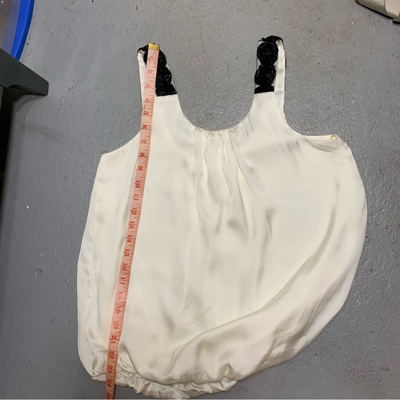 White Satin Gathered Top Bubble Hem Sz S Black Mesh 3D Roses Camisole Party - Picture 8 of 10